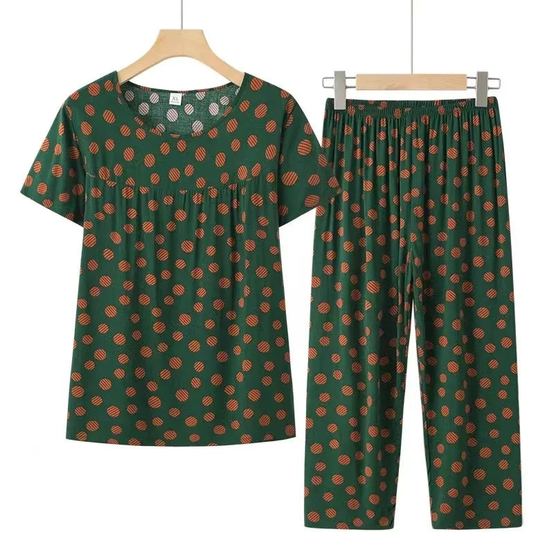 Cotton Pyjamas Women's Pajamas Set Short Sleeve Two Piece Set Casual Mother Home Clothes Pant