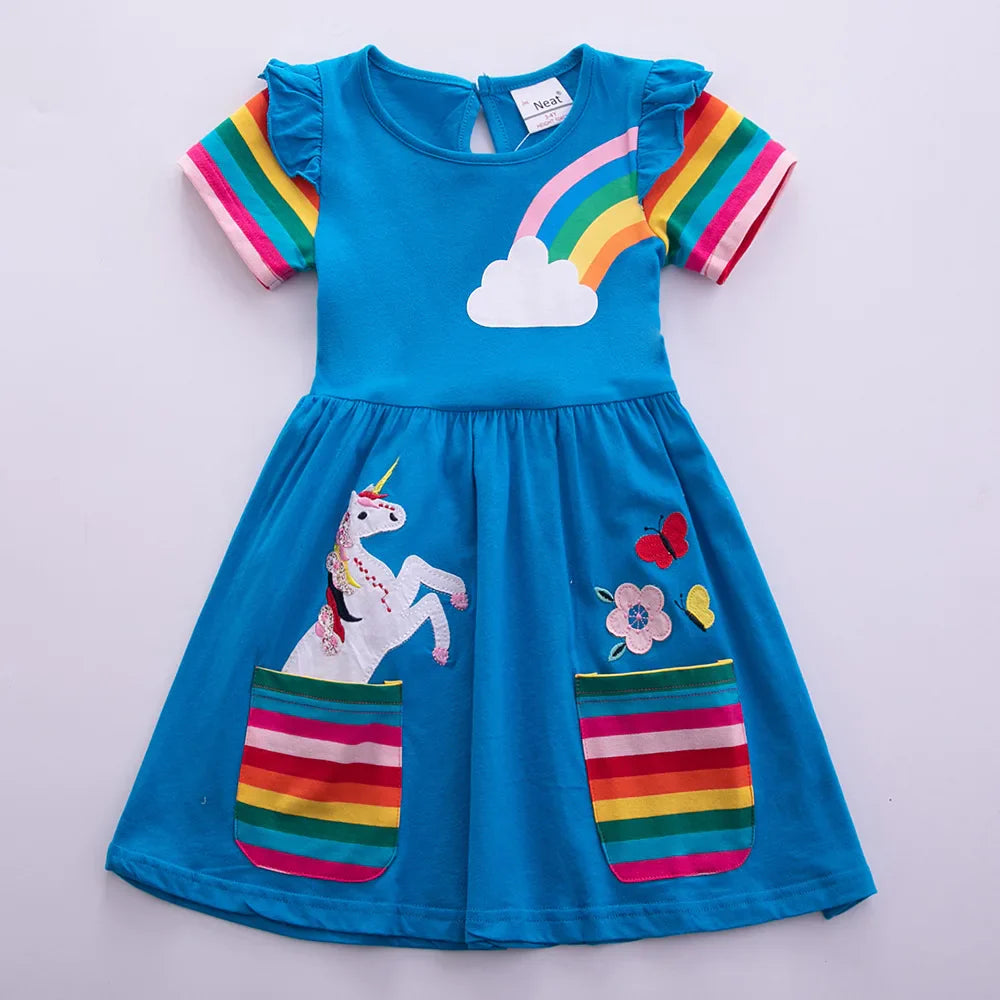 Girls Short Sleeve Unicorn Dress New Summer Embroidered Two Pockets Rainbow Sleeve-Dollar Bargains Online Shopping Australia