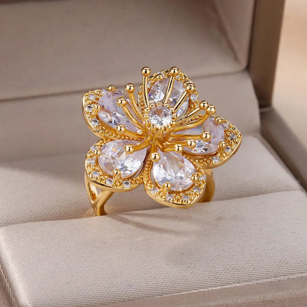 Pink Zircon Flower Rings for Women Gold Color Stainless Steel Ring Elegant Luxury Aesthetic Jewelry-Dollar Bargains Online Shopping Australia