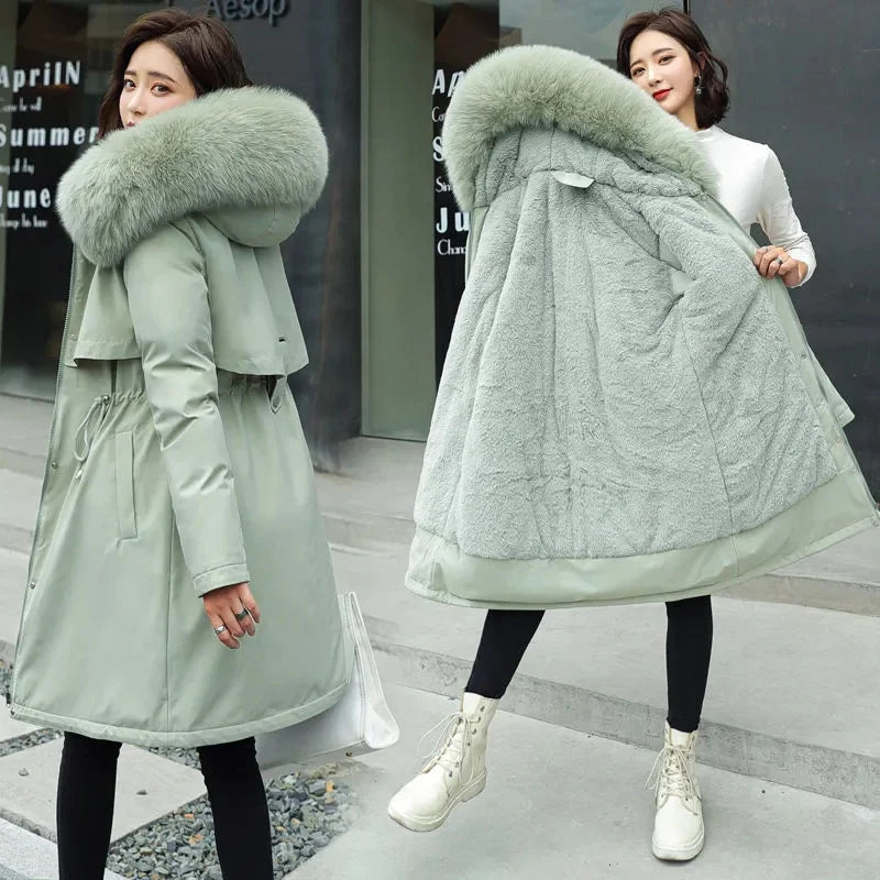 Women Parka Clothes Long Coat Wool Liner Hooded Jacket Fur Collar Thick Warm Snow Wear Fashion Parka