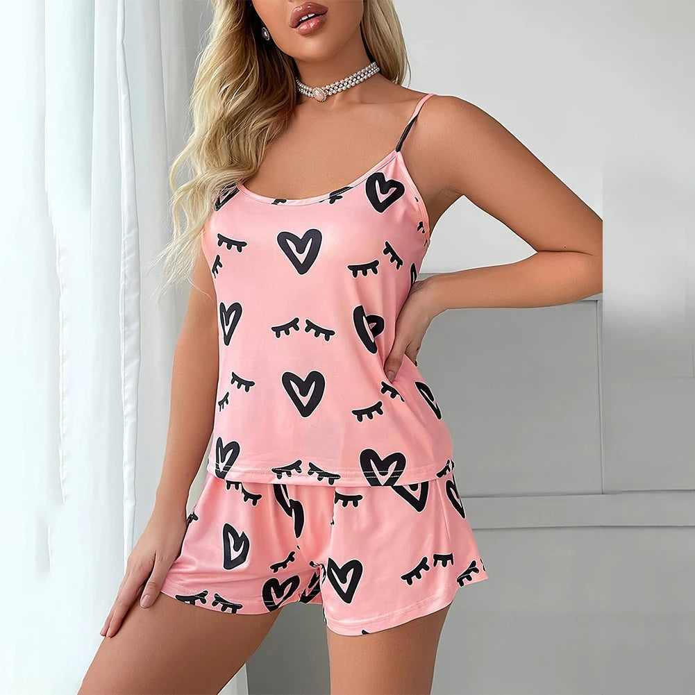 Sexy Summer Love Print Lingerie 2 Pieces Pajama Sets Slip Camisole +shorts Glossy Sleepwear Pyjamas Clothing Set For Women