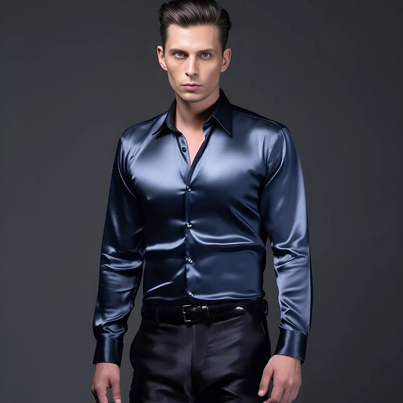 Men's Satin Luxury Dress Shirts Fashion Silk Smooth Male Tuxedo Shirt Solid Wedding Party Prom Casual Shirt Business Office-Dollar Bargains Online Shopping Australia