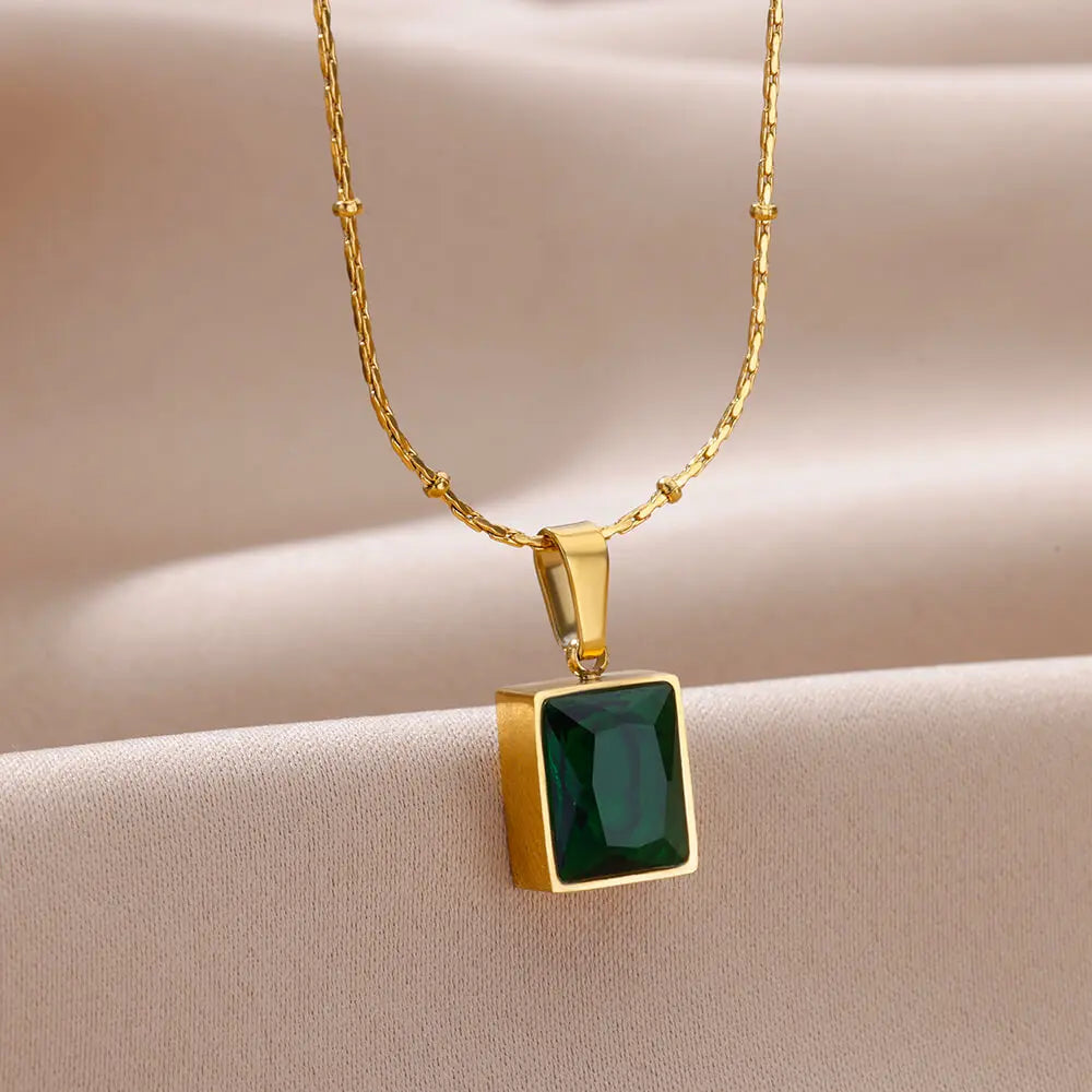 Green Square Zircon Necklace For Women Gold Color Stainless Steel Necklaces Wedding Fashion Jewelry Gift-Dollar Bargains Online Shopping Australia