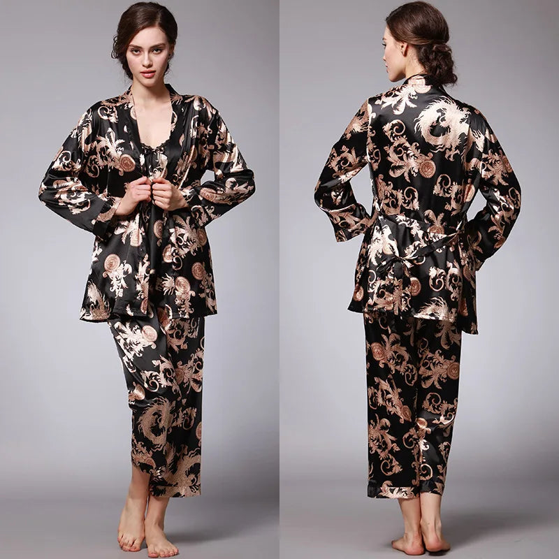 Women's Silk Satin Pajamas Set 3 Pcs Floral Silky Pj Sets Sleepwear Cami Nightwear with Robe and Pant-Dollar Bargains Online Shopping Australia