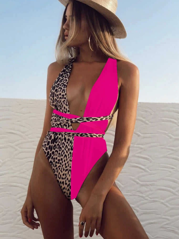 Leopard Print One Piece Swimsuit Women Hollow Out Swimwear Thong Monokini Summer Beachwear Vacation Bathing Suit