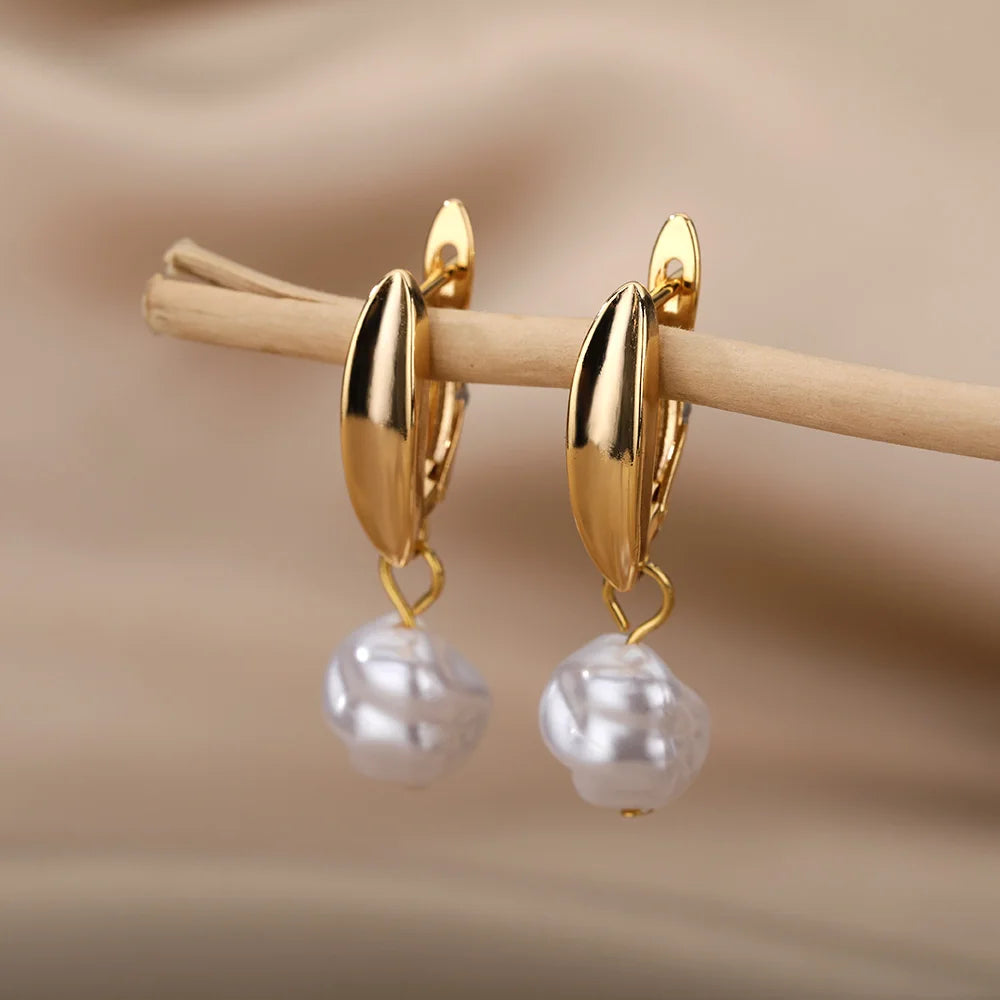 Fashion Circle Imitation Pearl Drop Earrings for Women Gold Color Stainless Steel Round Geometric Hoop Earring Wedding Jewelry-Dollar Bargains Online Shopping Australia