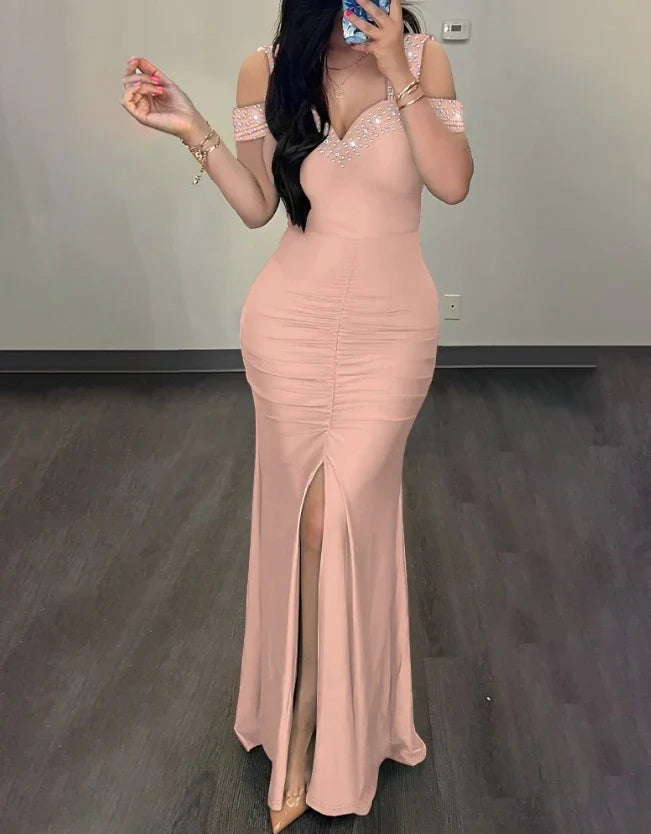 High Waist Evening Dresses Fashion Women's Clothes Rhinestone Cold Shoulder Slit Ruched Elegant Party Dress-Dollar Bargains Online Shopping Australia