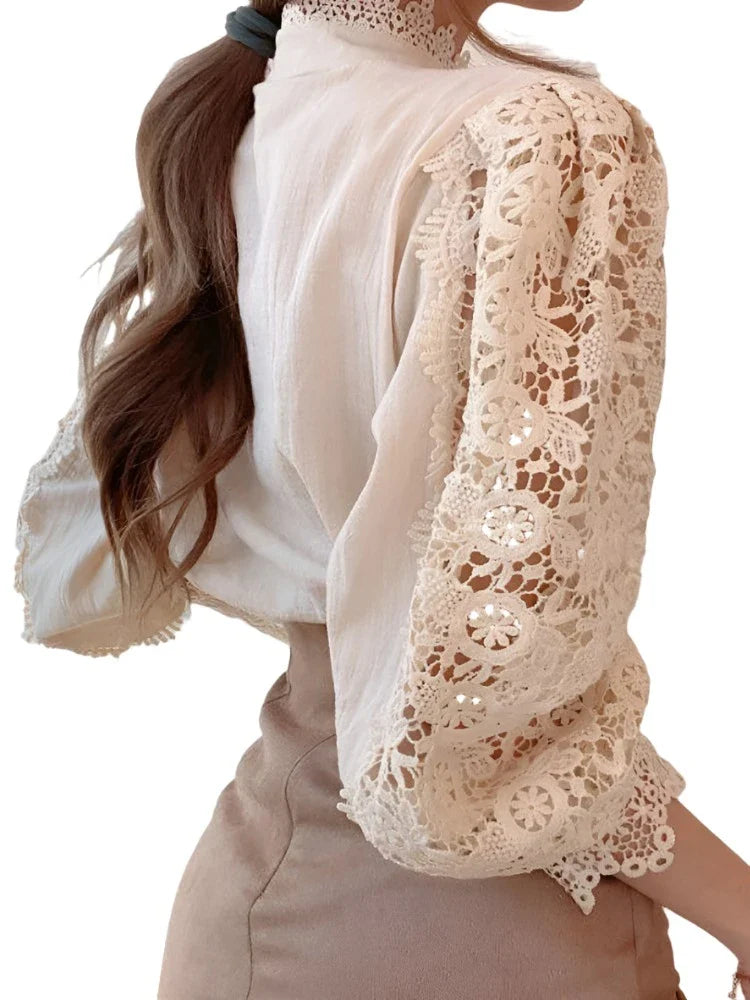 Women Chiffon Button Turtleneck Shirt Chic Elegant Floral Lace Fluffy Long Sleeve Top Fashion Hollow Oversize White Blouse-Dollar Bargains Online Shopping Australia