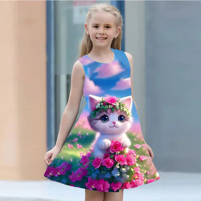 Summer Dress Girls Kids Clothes Casual Sleeveless O-neck Cat 3D Print Children Princess Dress-Dollar Bargains Online Shopping Australia