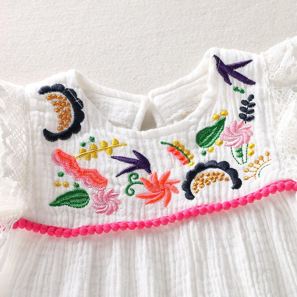 Infant Baby Girls Cotton Linen Dresses Pleated Short Sleeve Delicate Embroidery Swing White Dress Summer Leisure Dress-Dollar Bargains Online Shopping Australia