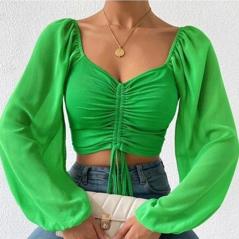 Mesh Lantern Sleeves Drawstring Wrap Chest Bare Midriff T Shirt Women Long Sleeves Bottoming-Dollar Bargains Online Shopping Australia