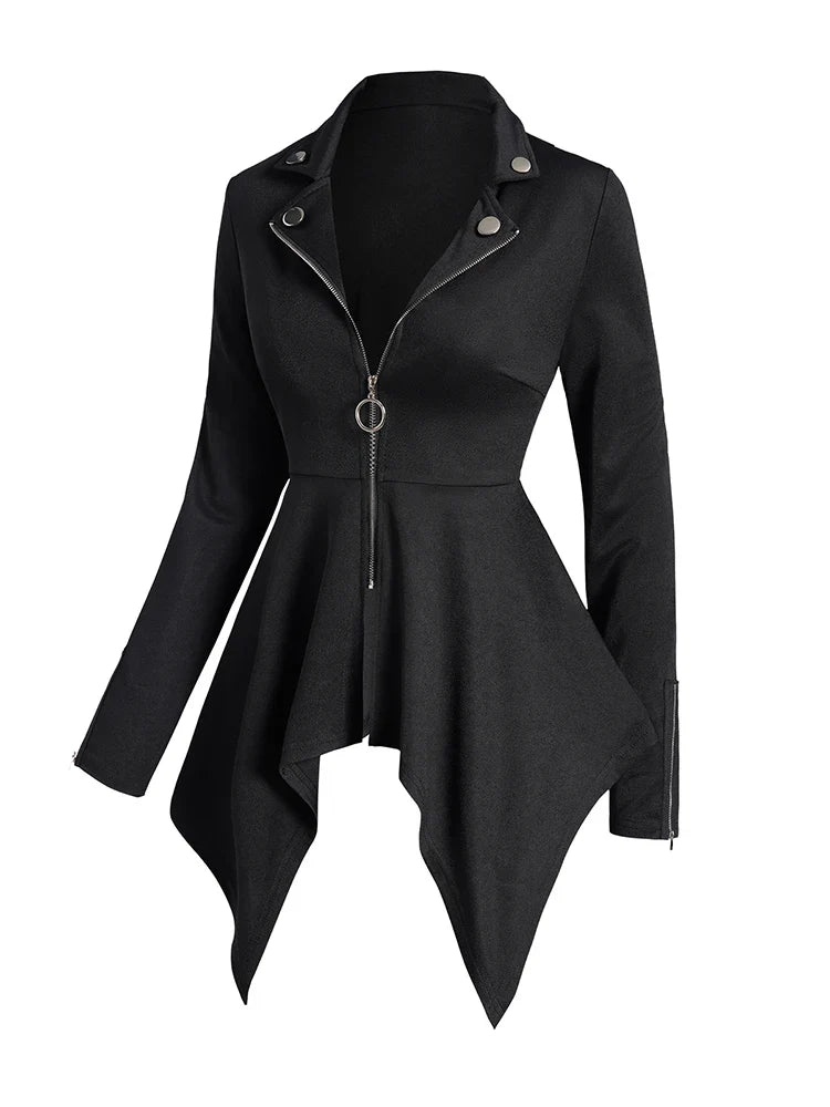 Women Gothic Coat Tops O Ring Zip Up Asymmetrical Hem Punk Coat Solid Color Mock Button Handkerchief Coat-Dollar Bargains Online Shopping Australia