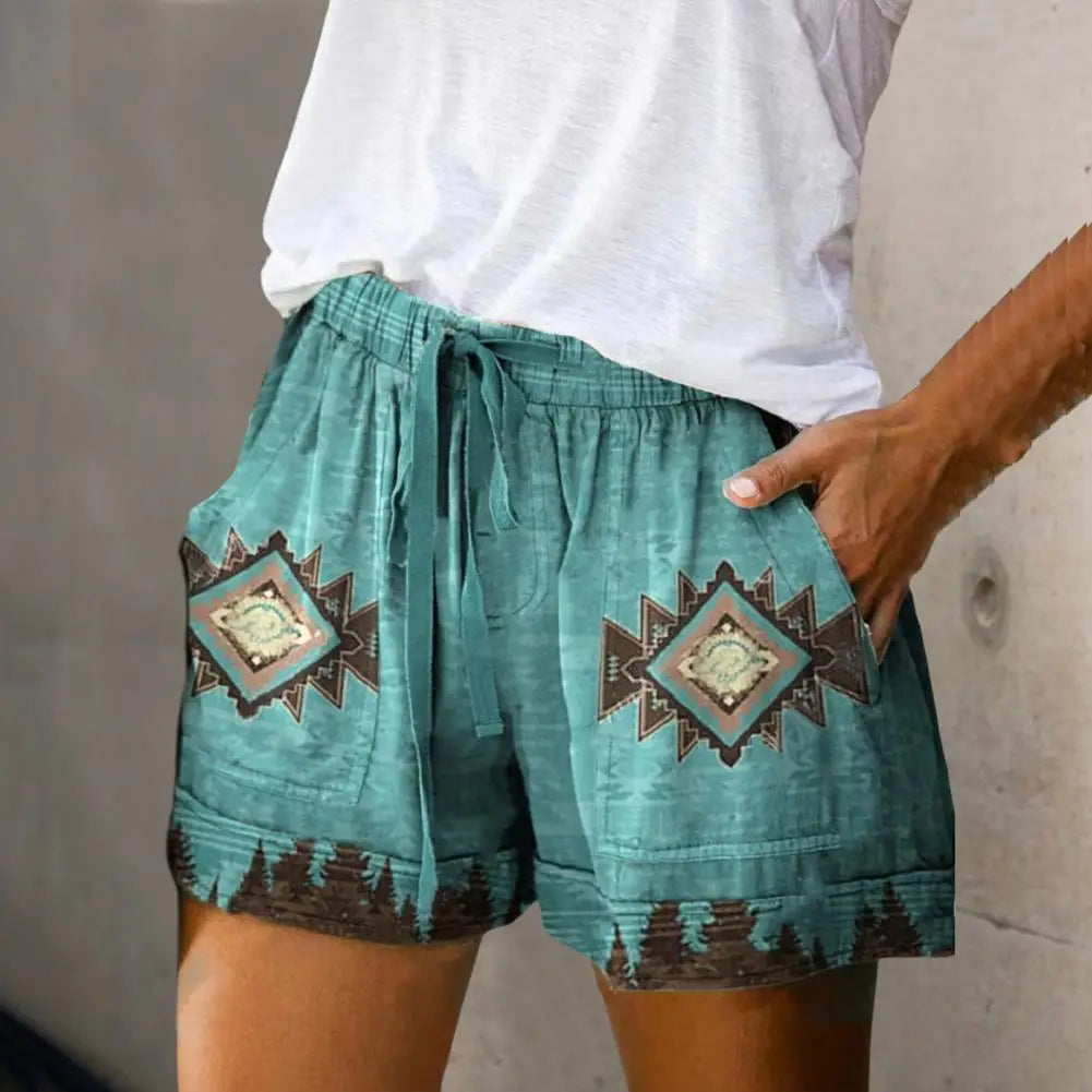 Beach Shorts Summer High Waist Elastic Waistband Short Pants Pockets Women Shorts Retro Print Drawstring Loose Shorts Streetwear-Dollar Bargains Online Shopping Australia