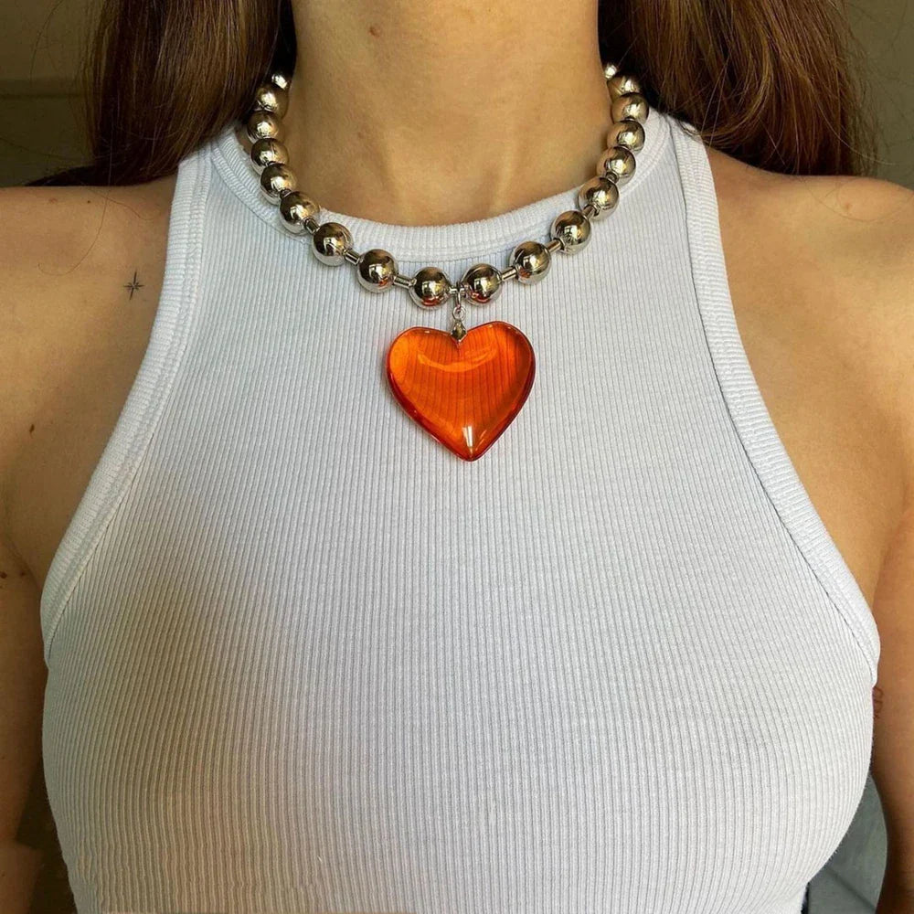 Grunge Fashion Glass Heart Pendant Necklace Y2K Oversize Ball Beads Chain Statement Choker Necklace for Women Club Punk Jewelry-Dollar Bargains Online Shopping Australia