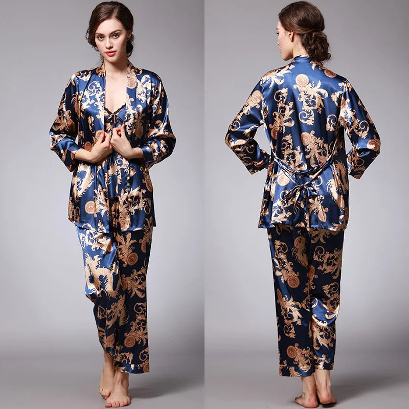 Women's Silk Satin Pajamas Set 3 Pcs Floral Silky Pj Sets Sleepwear Cami Nightwear with Robe and Pant-Dollar Bargains Online Shopping Australia