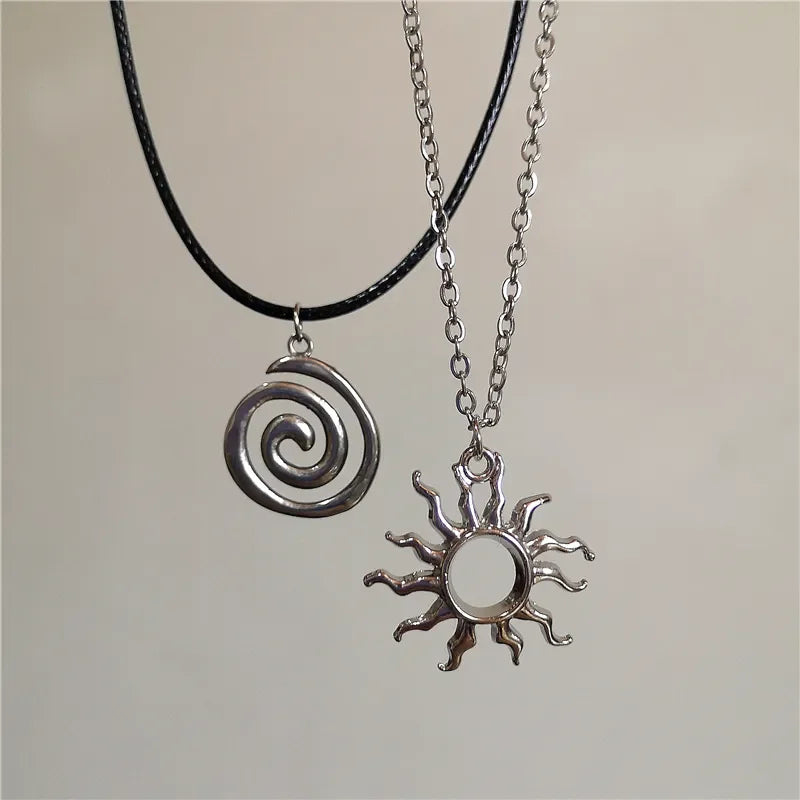 Vintage Goth 90s Silver Color Spiral Vortex Pendant Leather Rope Chain Necklace For Women Men Y2K Aesthetic Jewelry Accessories-Dollar Bargains Online Shopping Australia