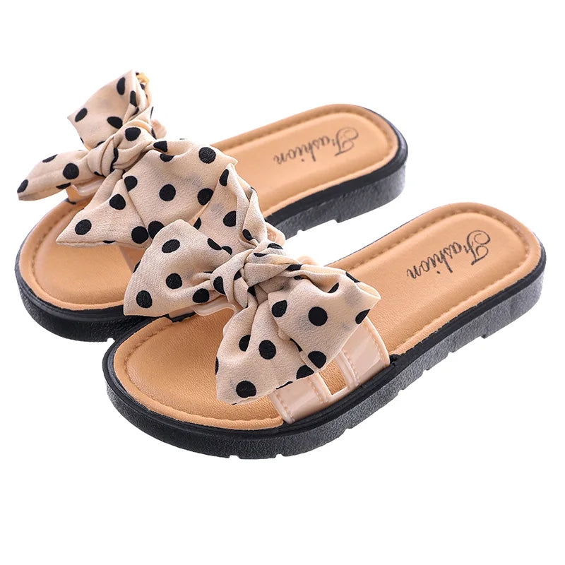 Bow Flats Open Toe Slide Sandals Non-slip Flip Flops Children Home Slippers Kids Girls Summer Cute Beach Slippers Shoe