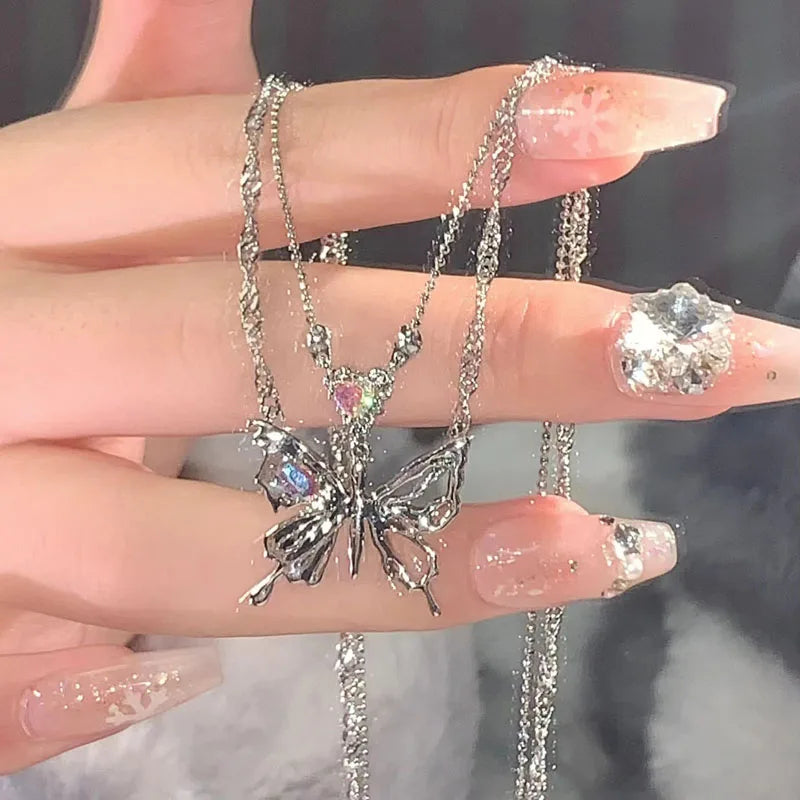 Kpop Y2K Aesthetic Butterfly Pendant Necklace for Women Hip Hop Vintage Double Chain Heart Necklaces Girls Gifts Jewelry-Dollar Bargains Online Shopping Australia