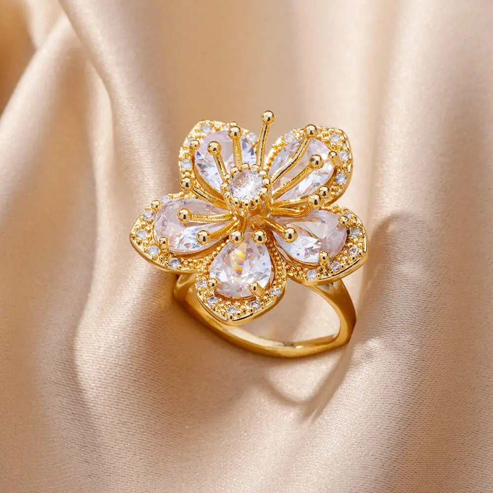 Pink Zircon Flower Rings for Women Gold Color Stainless Steel Ring Elegant Luxury Aesthetic Jewelry-Dollar Bargains Online Shopping Australia