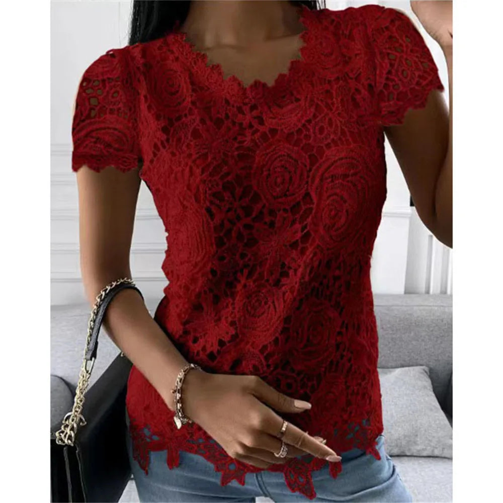 Women Lace Blouse Tops Summer V Neck Short Sleeve Lace Patchwork OL Blouse Shirts-Dollar Bargains Online Shopping Australia