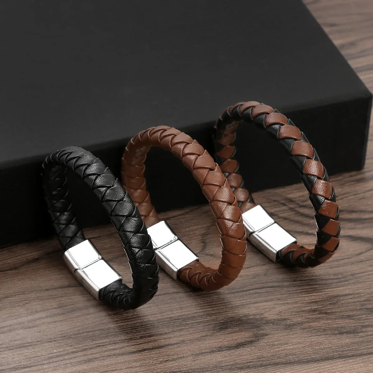 Punk Men Leather Braided Bracelet Hand-Woven Classic Stainless Steel Magnetic Clasp Leather Bangle-Dollar Bargains Online Shopping Australia