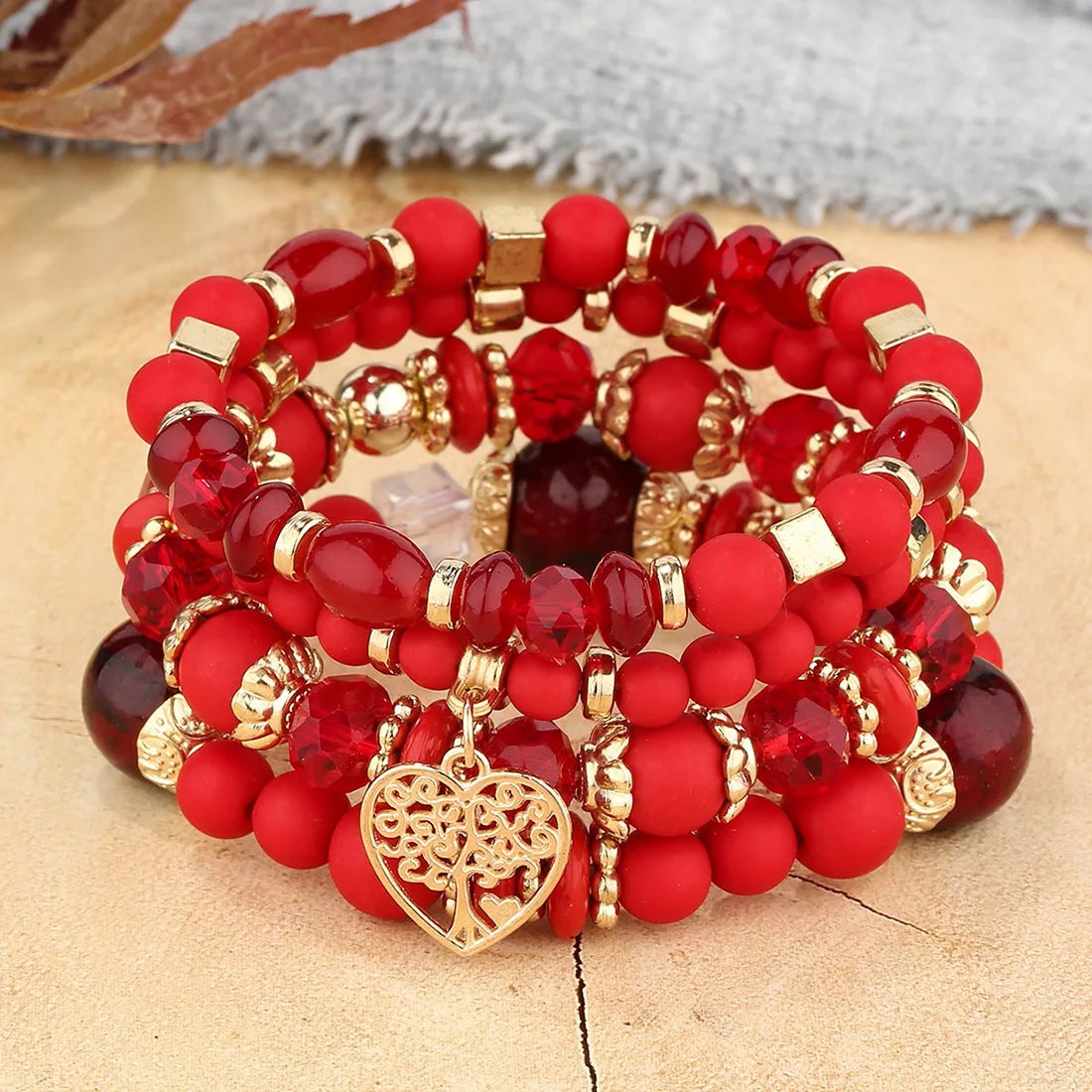 Bohemian Pink Crystal Beads Heart Charm Bracelets Women Girls Ethnic Tree Of Life Charm Wrap Bracelet-Dollar Bargains Online Shopping Australia