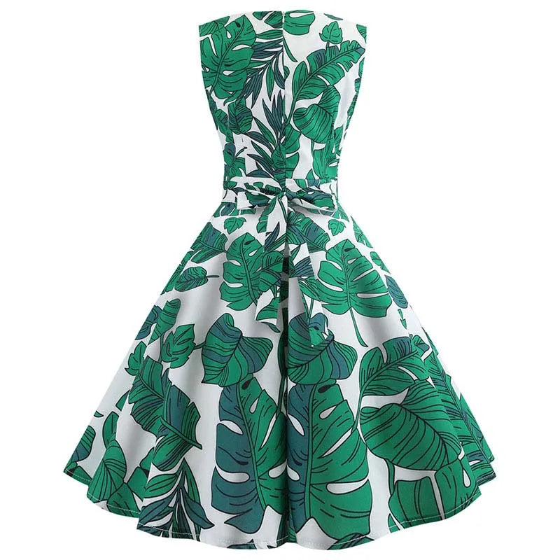 Women Summer Dress Sleeveless Green Leaf Print Midi Dress O Neck Retro Vintage Party Robe