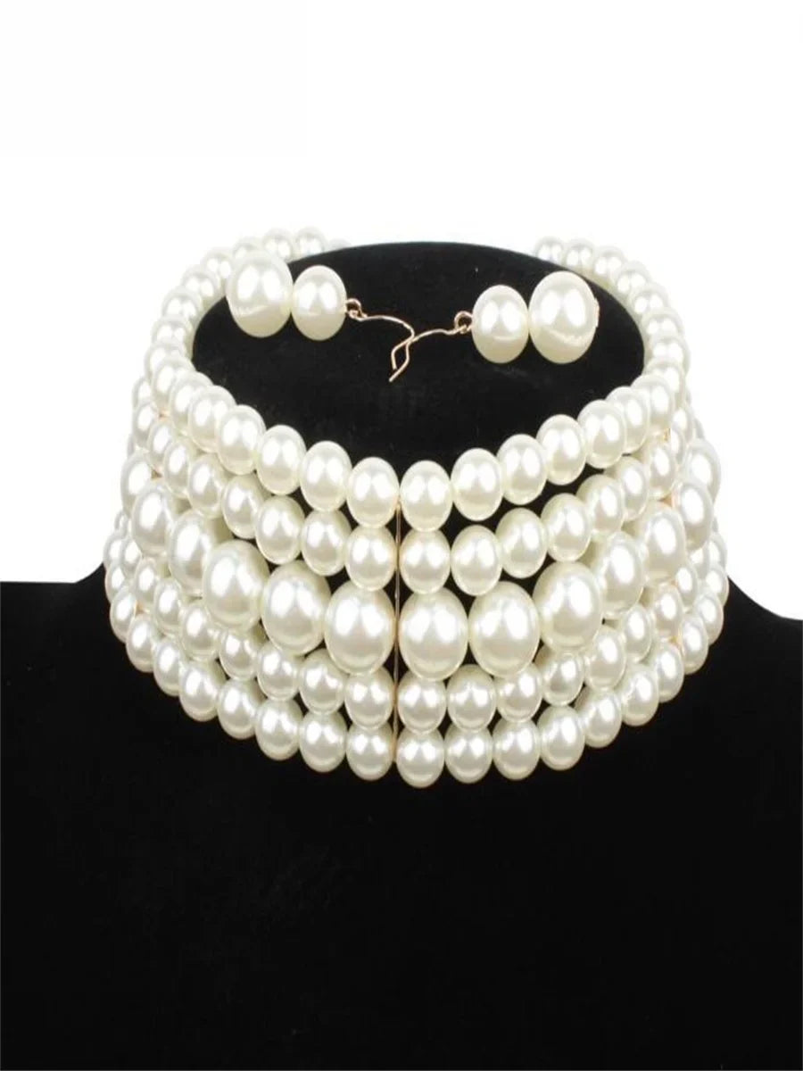 Multi-layer imitation pearl beaded short necklace earring set-Dollar Bargains Online Shopping Australia