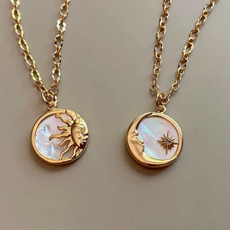 Vintage Sun and Moon Pendants Necklace White Shell Round Coin Stainless Steel Chain Necklaces Femme Jewelry