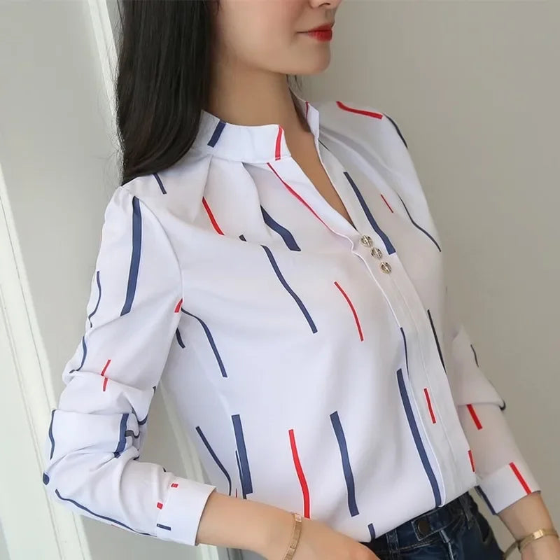 Women White Tops Women's Blouses Fashion Stripe Print Casual Long Sleeve Office Lady Work Shirts Female Slim-Dollar Bargains Online Shopping Australia