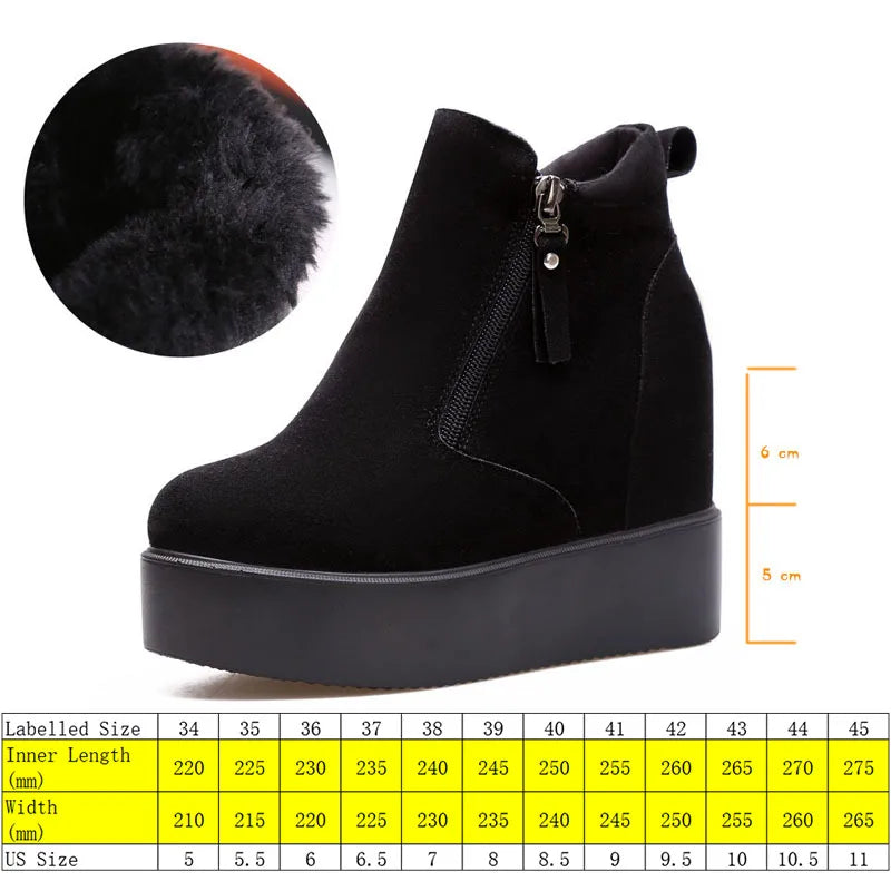 Platform Wedge Hidden Heel Women Ankle Boots Flock Leather Warm Female Wedge Shoes Zipper Winter Shoes Sneakers