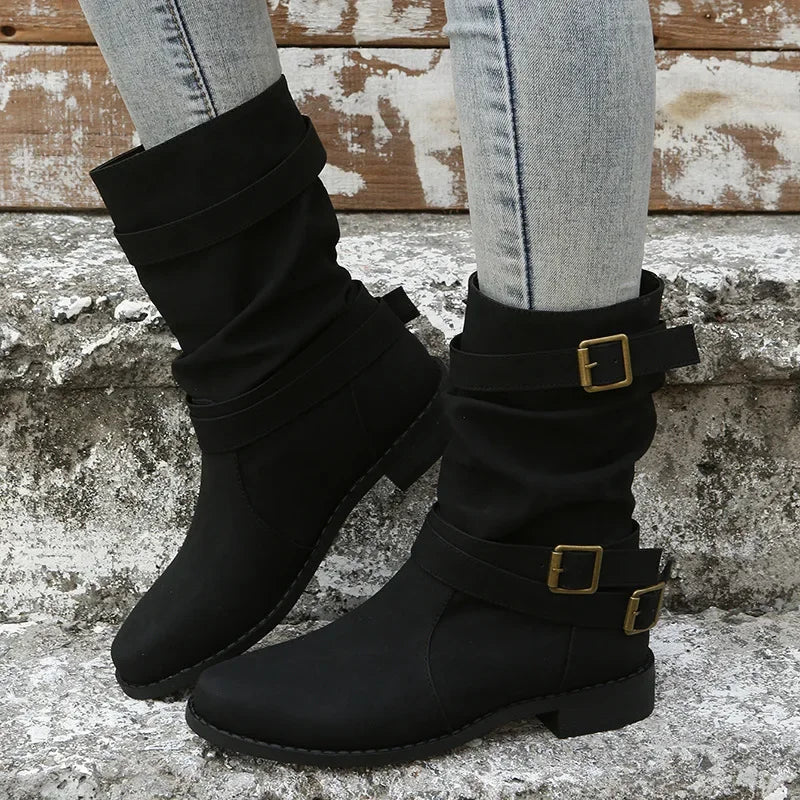 Women Boots European and American Fashion Buckle Pleated Short Boots Autumn and Winter New Flat Boots Women Shoes-Dollar Bargains Online Shopping Australia