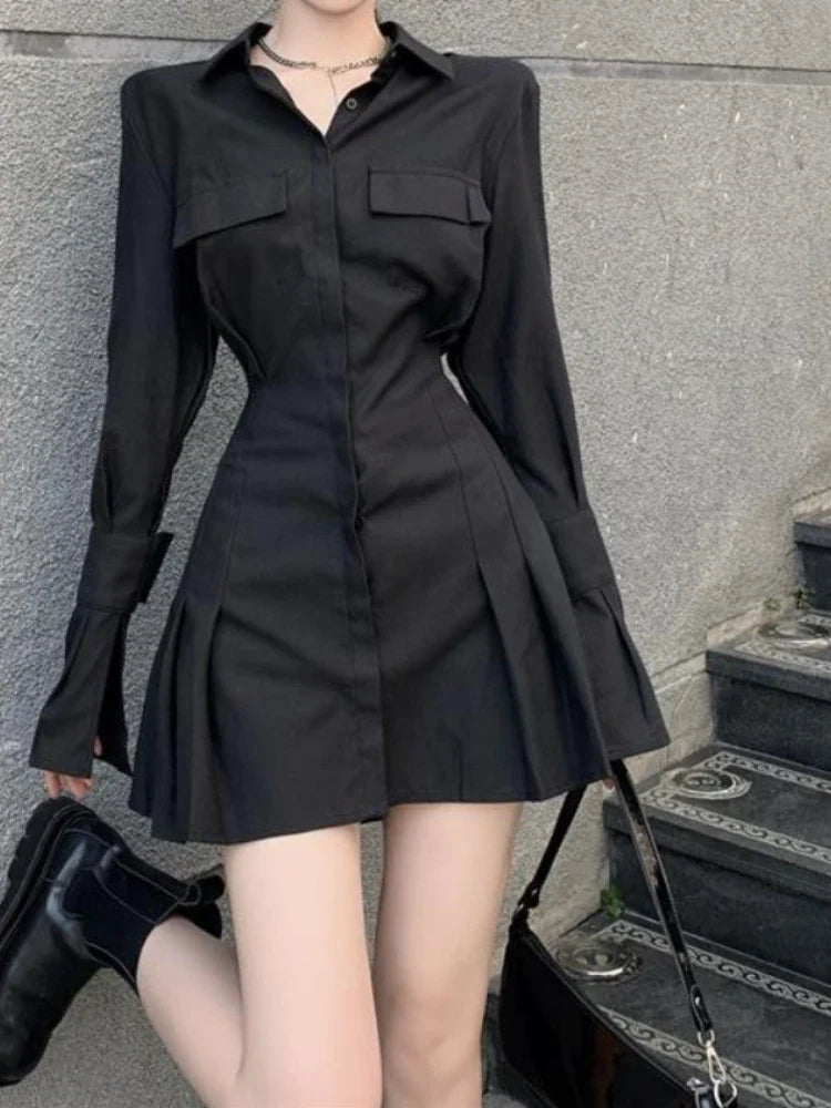 Black Shirt Dress Women Elegant Vintage Long Sleeve Dresses Sexy Gothic Pleated Streetwear Turn-down Collar Casual Robe-Dollar Bargains Online Shopping Australia