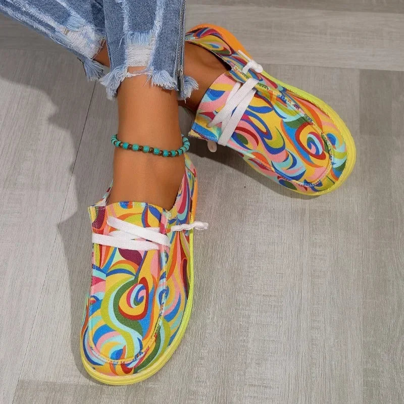 Women Ethnic Rainbow Canvas Shoes Autumn New Casual Daily Ladies Flat Shoes Round Toe Multi-Color Print Lace-up Sneakers-Dollar Bargains Online Shopping Australia