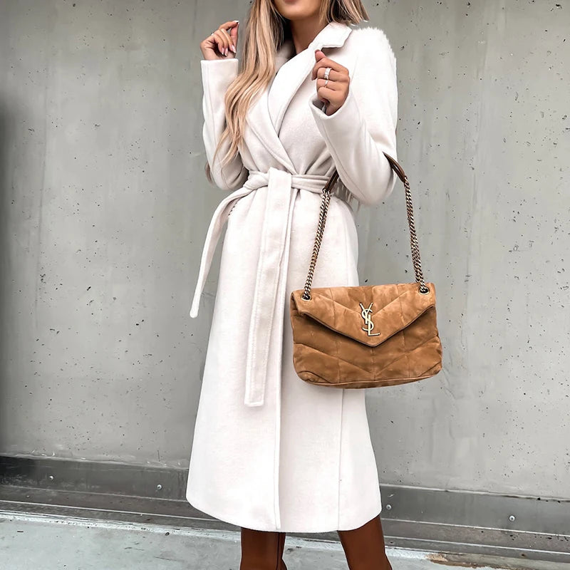 Warm Long Women Woolen Coat with Belt Casual Elegant Solid Color Female Windbreakers Overcoat