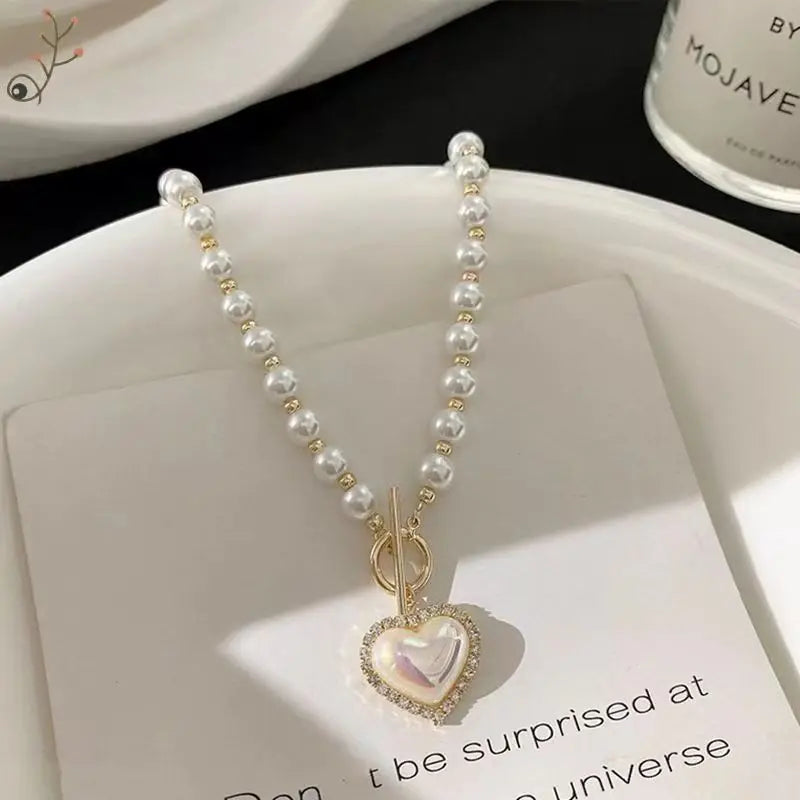 Heart Pearl Earrings Necklaces Set Elegant Charm French Romantic Clavicle Chain Anniversary Gift Jewelry Set Collares-Dollar Bargains Online Shopping Australia