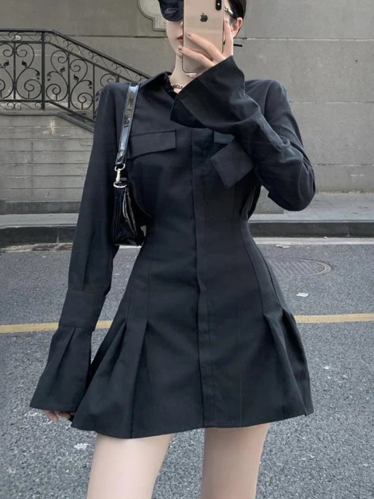 Black Shirt Dress Women Elegant Vintage Long Sleeve Dresses Sexy Gothic Pleated Streetwear Turn-down Collar Casual Robe-Dollar Bargains Online Shopping Australia