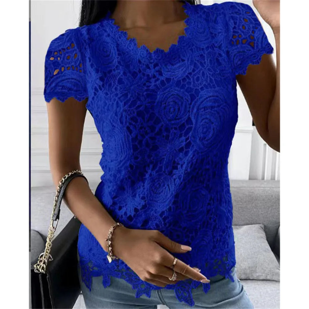 Women Lace Blouse Tops Summer V Neck Short Sleeve Lace Patchwork OL Blouse Shirts-Dollar Bargains Online Shopping Australia