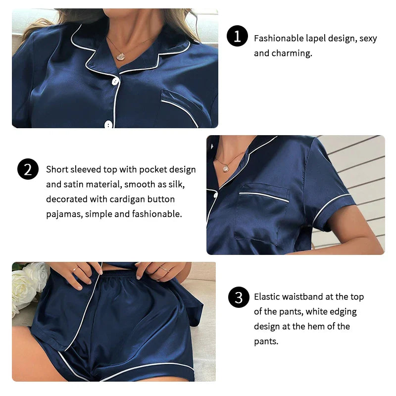 Summer Silk Satin Women Pyjamas Set Button Down Top & Shorts 2 Pieces Sleepwear Notched Collar Nightwear Loungewear for Women-Dollar Bargains Online Shopping Australia