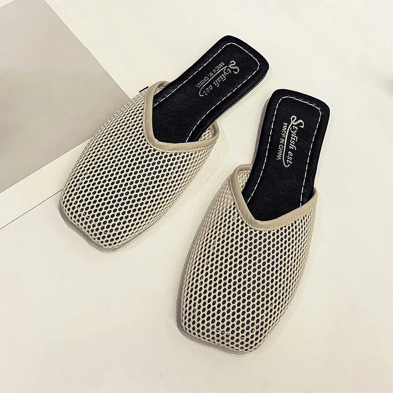 Women Slippers Sexy Mesh Mules Indoor Home Slides Square Toe Female Flats Shoes Outdoor Clogs Beach Sandals-Dollar Bargains Online Shopping Australia