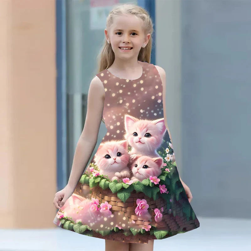 Summer Dress Girls Kids Clothes Casual Sleeveless O-neck Cat 3D Print Children Princess Dress-Dollar Bargains Online Shopping Australia