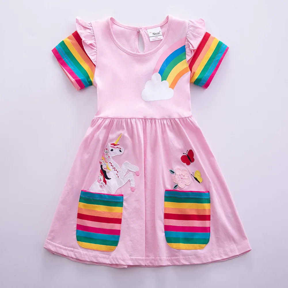 Girls Short Sleeve Unicorn Dress New Summer Embroidered Two Pockets Rainbow Sleeve-Dollar Bargains Online Shopping Australia