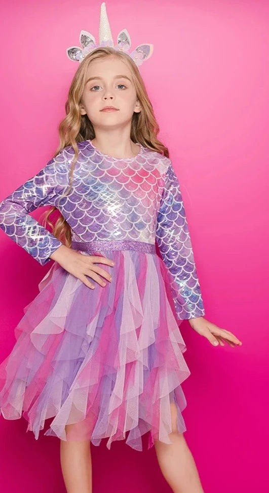 Princess Dress Mermaid Children Birthday Party Girls Dress Irregular Layered Prom Kids Long Sleeve Costumes