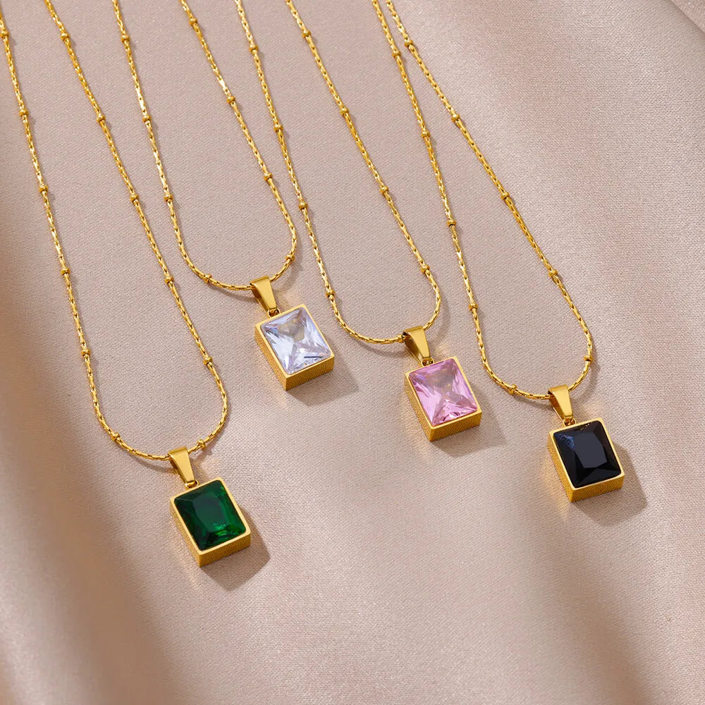 Green Square Zircon Necklace For Women Gold Color Stainless Steel Necklaces Wedding Fashion Jewelry Gift-Dollar Bargains Online Shopping Australia