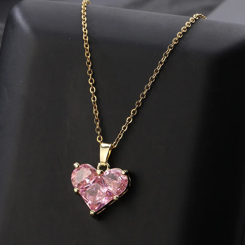 Fashion Cute Pink Heart Necklace Earrings Set Classic Niche Versatile Simple Wedding Clavicle Chain-Dollar Bargains Online Shopping Australia