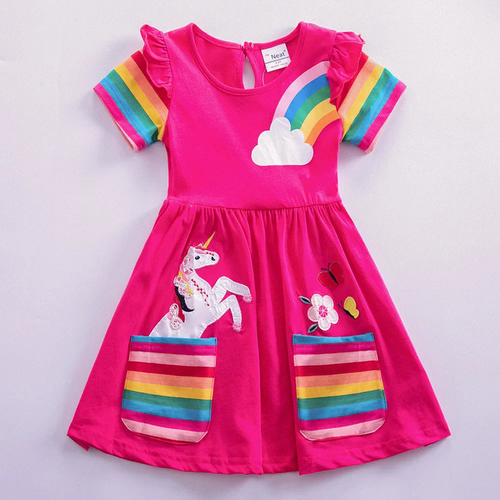 Girls Short Sleeve Unicorn Dress New Summer Embroidered Two Pockets Rainbow Sleeve-Dollar Bargains Online Shopping Australia