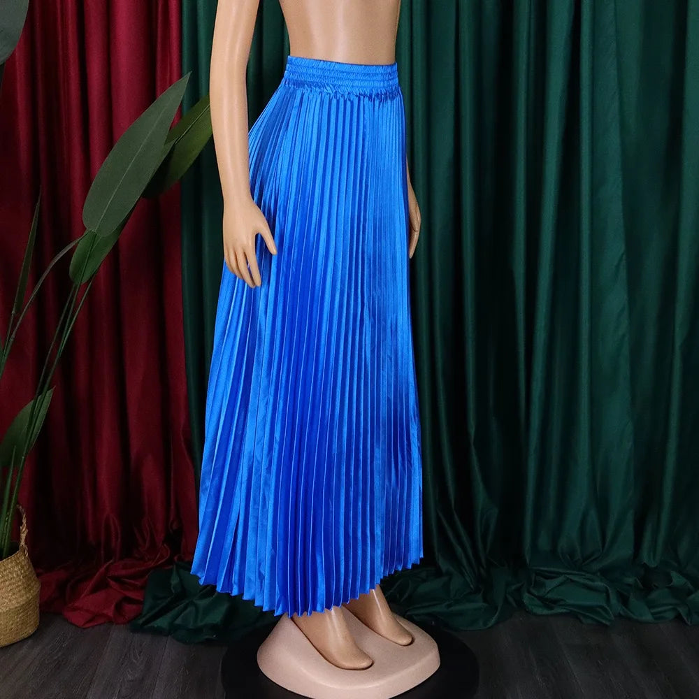 Elegant Pleated Skirts Women High Waisted Ankle Length Loose Solid Female Birthday Party Dinner Bottom Skirts