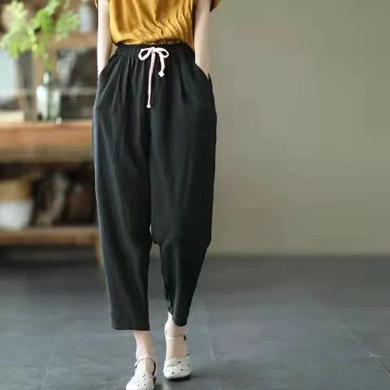 Solid Color Cotton and Linen Pants for Woman Vintage Loose Streetwear Harem Trousers Female Casual High Waist Drawstring Pants-Dollar Bargains Online Shopping Australia