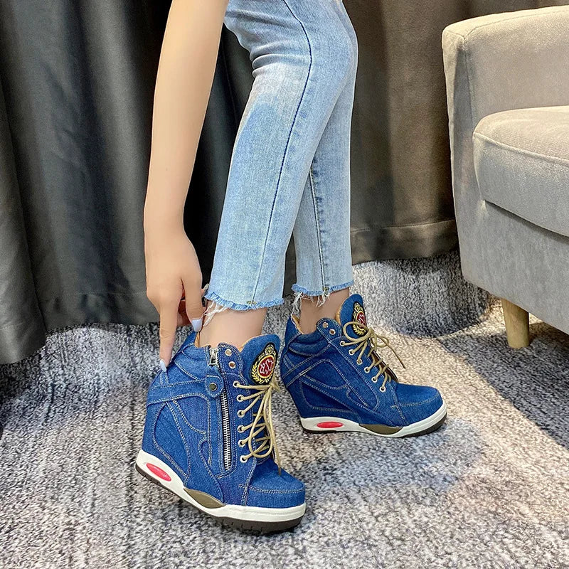 Denim Wedges high top sneakers Platform Casual Fashion Woman Zipper Vulcanized Shoes Thick Bottom