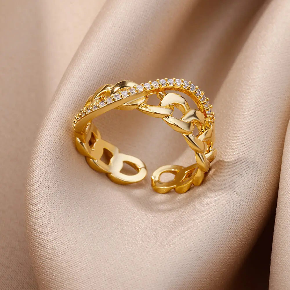 Gold Color Stainless Steel Rings For Women Chain Hollow Out Crystal Zircon Finger Ring-Dollar Bargains Online Shopping Australia